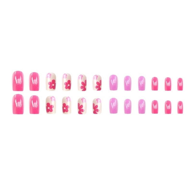 Uñas postizas con diseño de flores rojas y moradas frescas, regalo para mujer, 24 unidades