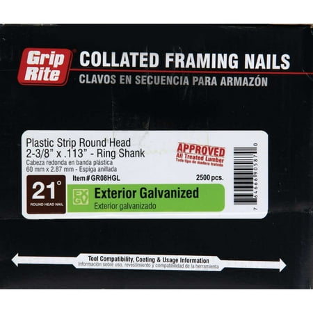 

Grip-Rite 21 Degree Plastic Strip Hot-Dipped Galvanized Full Round Head Framing Stick Nail 2-3/8 In. x .113 In. (2500 Ct.)