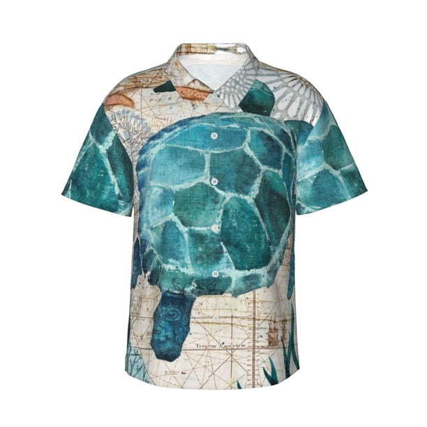 Fotbe Watercolor Sea Turtle Camisa Hawaiana para Hombre Unisex – Camisa Casual de Verano con Botones de Manga Corta de Algodón y Lino,XX-Large
