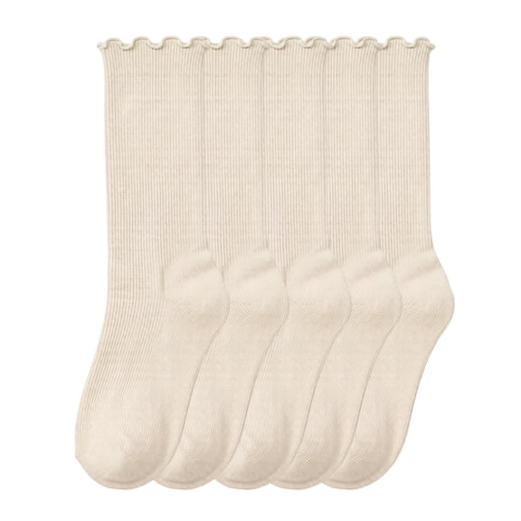 5 Pairs Boys Girls Solid Color Ankle Socks Ruffle Cuffs Soft Stretchy Socks Kids Comfy School Uniform Socks for Daily Wear Beige 6-14 Years