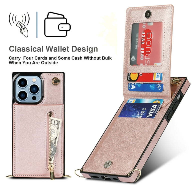 Feishell Compatible with for iPhone 12 Pro Max Wallet Case Crossbody,  Zipper Phone Case Square with RFID Blocking Card Holder Wrist Strap Leather