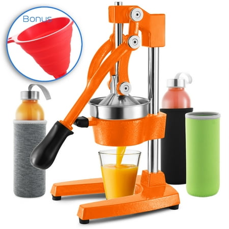 EatEx Professional Citrus Juicer Set – 7 Piece Heavy-Duty Cast Iron Commercial Juice Press With Glass Juice Bottles and Funnel