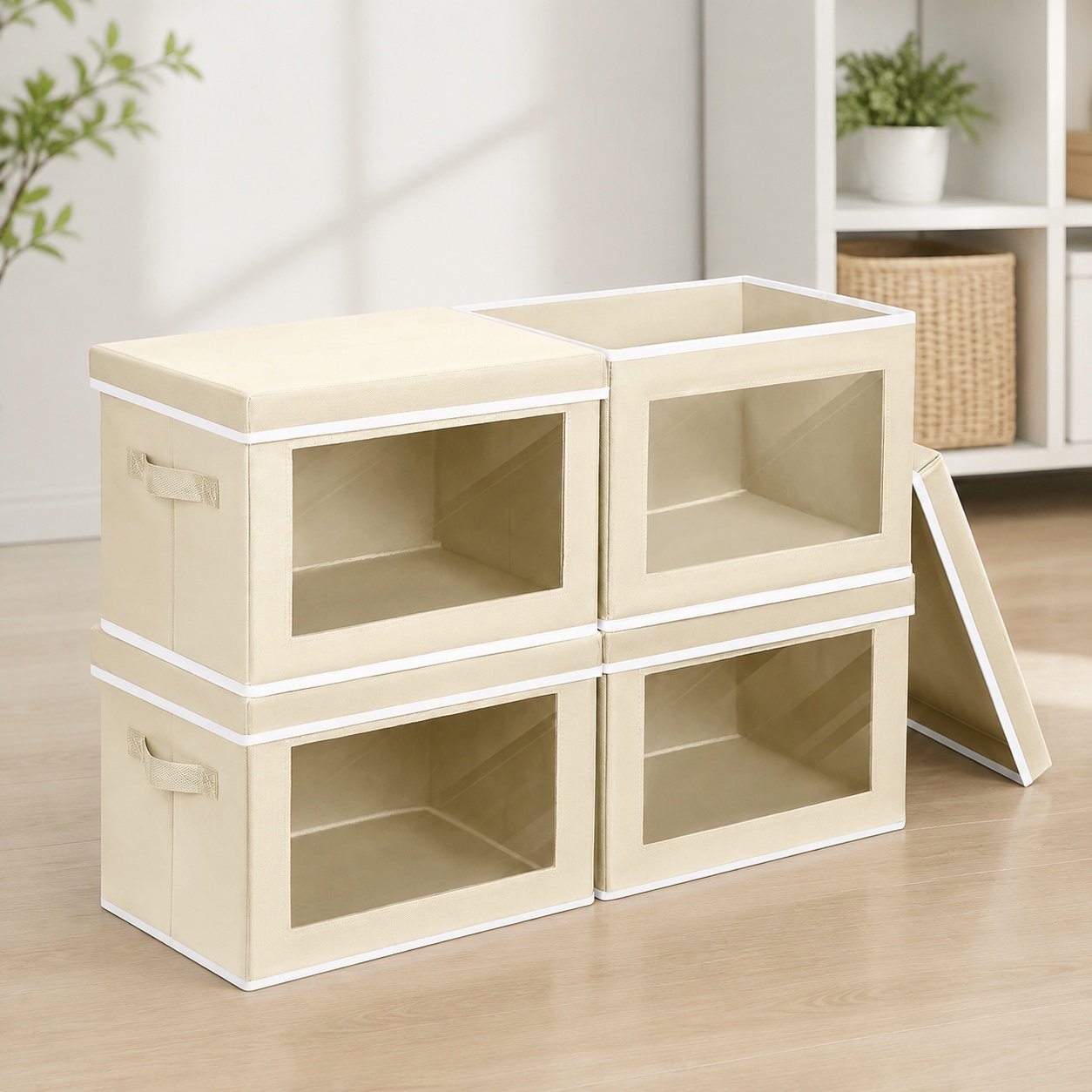 Storage Boxes with Lids - 4 Pack Fabric Storage Bins with Clear Window Large Beige Decorative Storage Bins with Handles Linen Closet Organizer for Clothes Towels Blankets