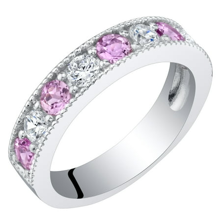 Sapphire Silver Eternity Bands - Sterling Silver Created Pink Sapphire Milgrain Half Eternity Ring Band Sizes 5 to 9