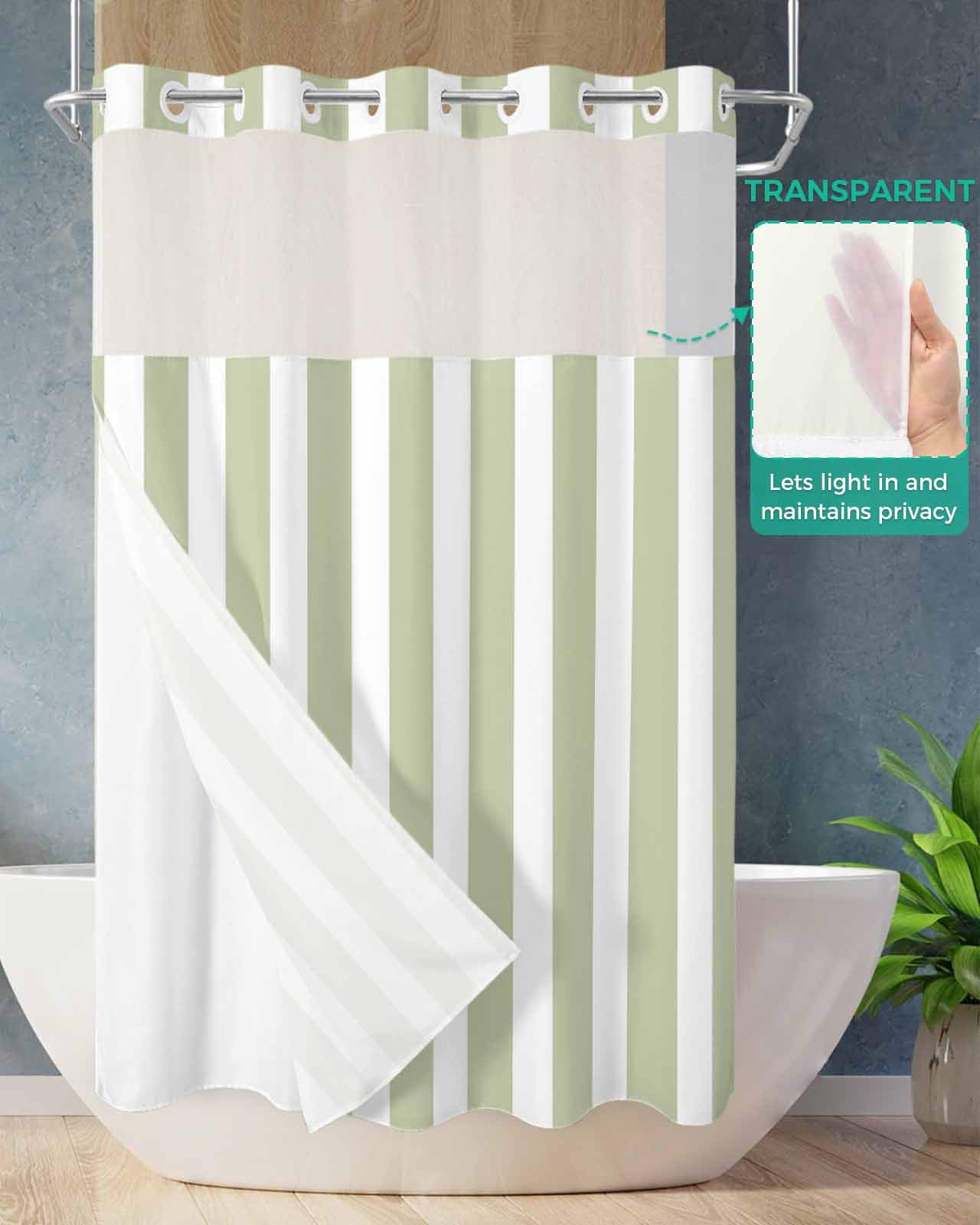 No Hook Shower Curtain with Snap in Liner, Sage Green and White Striped Geometric Hotel Shower Curtains for Bathroom, Washable Shower Curtain Liner Set with Mesh Top Window, 54"x78"