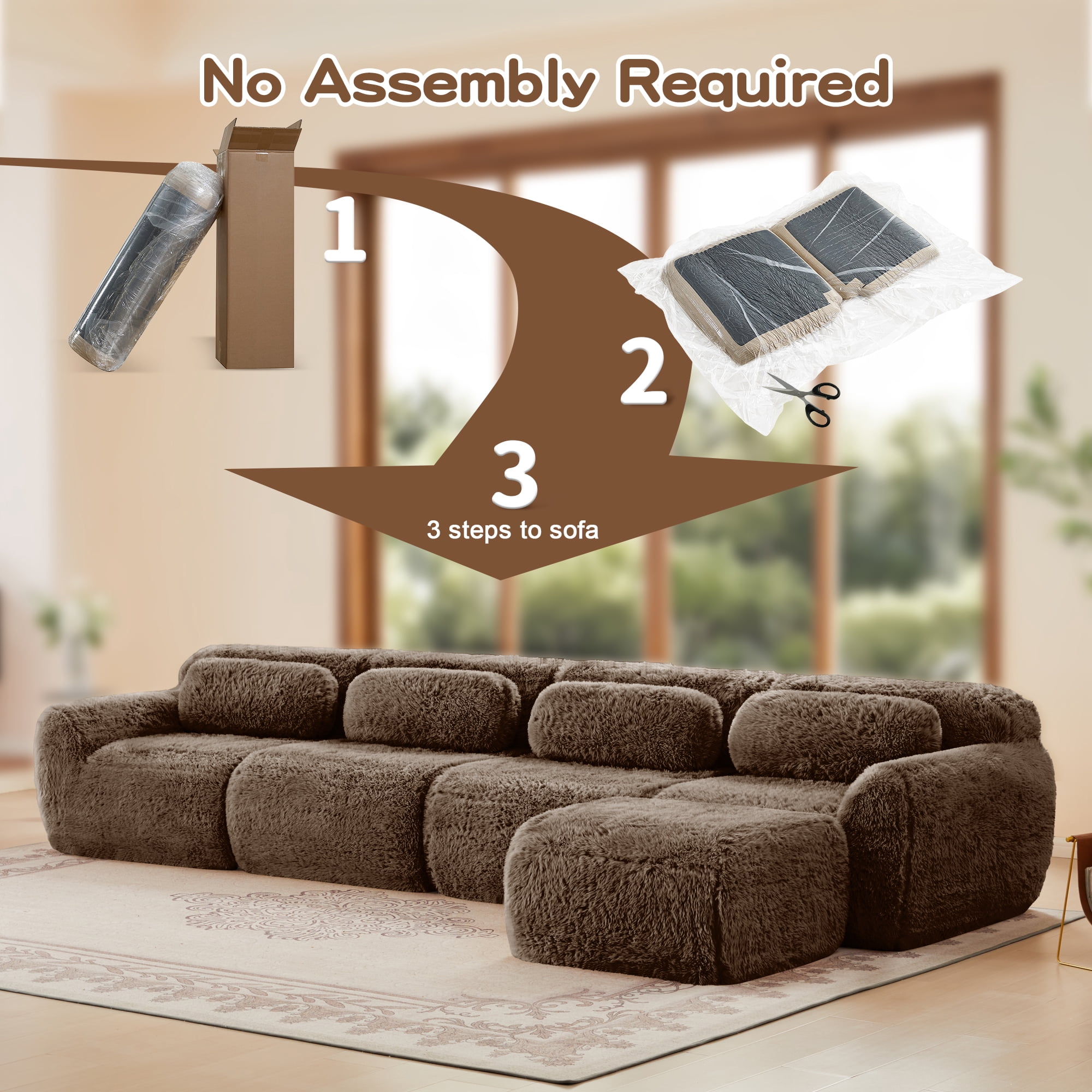 AISWORD 149" 4-Seat L-shaped Modular Cloud Sectional Sofa with 1 Ottoman, Anti-Slip Deep Seat Cloud Sofa, Ready to Use Premium Plush Fabric Boneless Sofa with 32D High-Density Foam&Anti-Slip Bottom