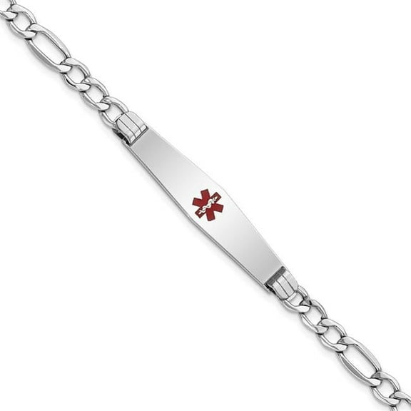 Primal Gold 14 Karat White Gold Semi-Solid Medical Soft Diamond Shape Red Enamel Figaro ID Bracelet