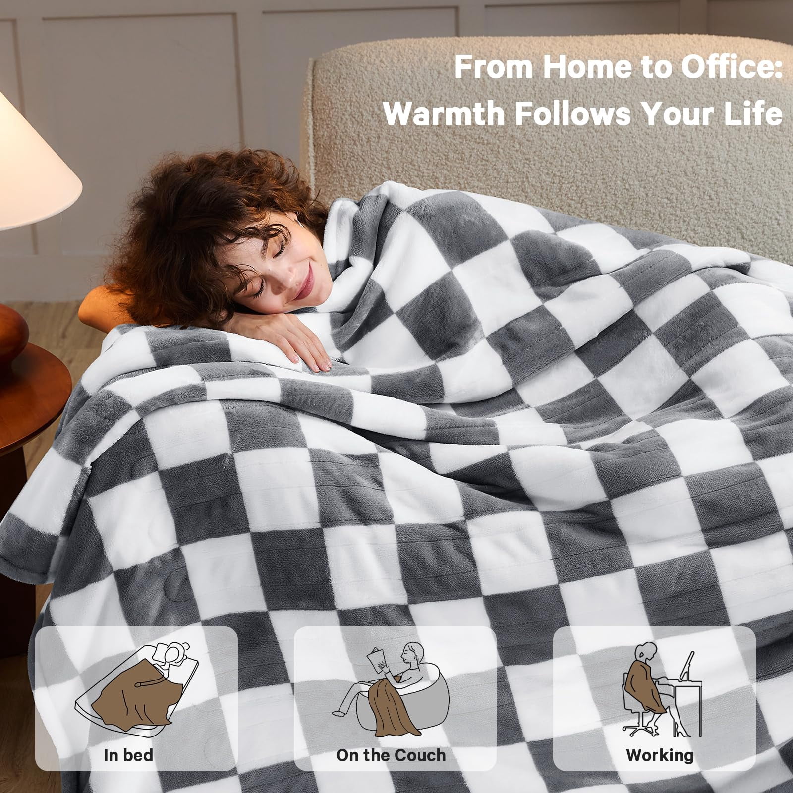 Heated Electric Blanket Throw  50x60 Heating With 10 Heat Level & 8 Hour Auto Off For Lap Light Gray Checkered Plaid Sherpa Blankets Warmer Gift Couch Grandma Women Adults Washable