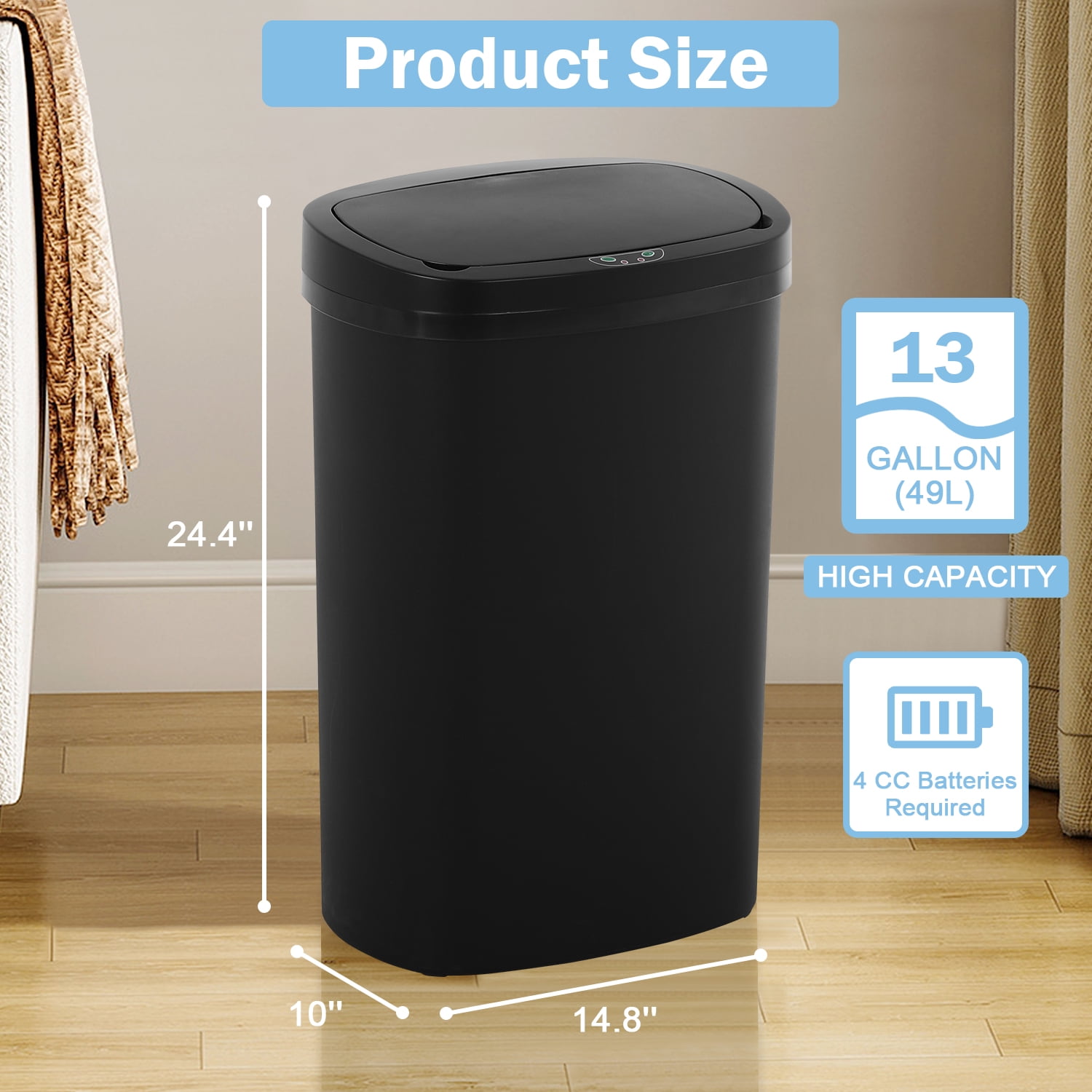 NiamVelo Kitchen Trash Can with Lid, 13 Gallon Automatic Garbage Can Plastic Touchless Trash Can for Kitchen Bedroom Bathroom Office,Black