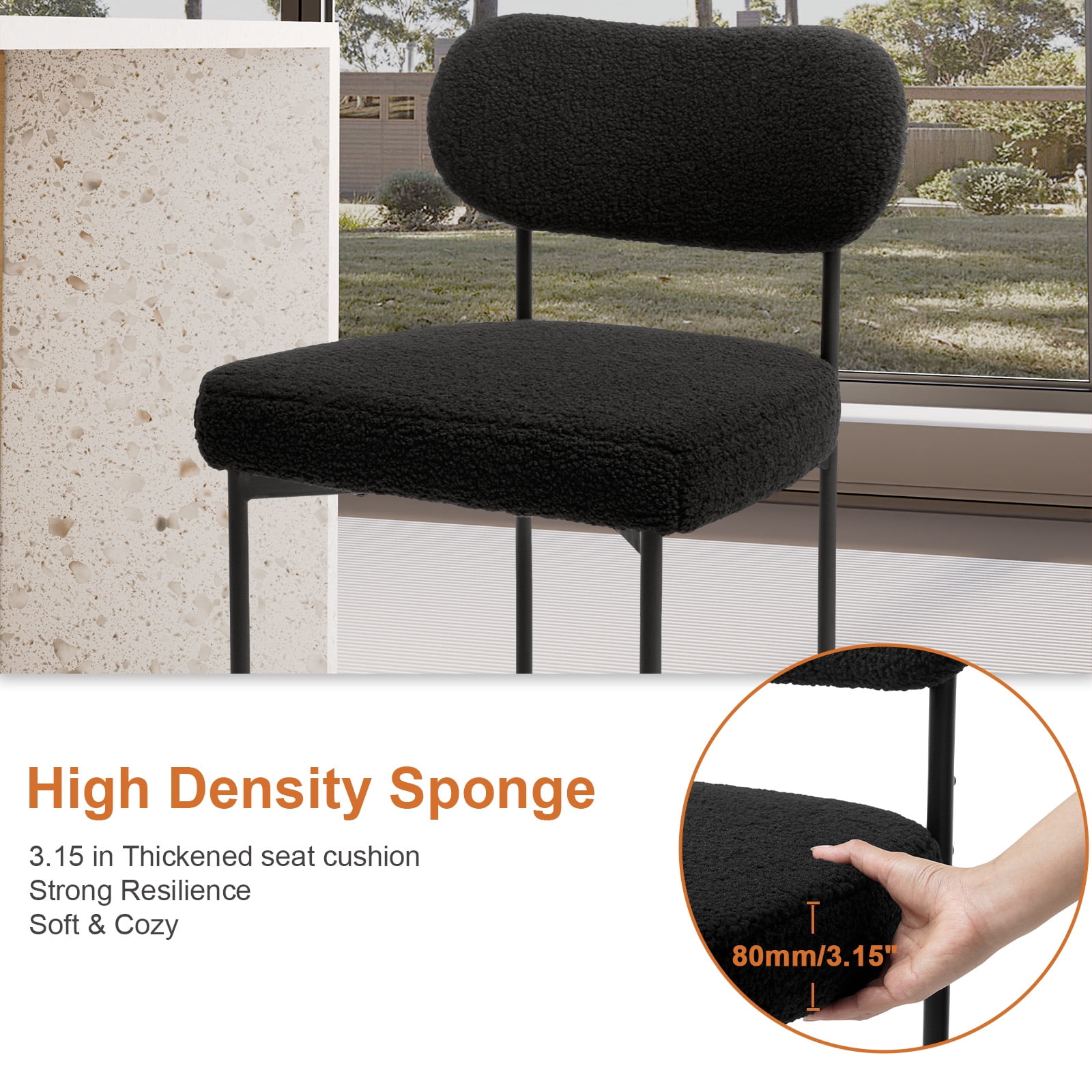 Hommpa Bar Stools Set of 3 with Back & Footrest 26" Counter Height Barstools Boucle Bar Chairs Modern Pub Chairs Black Plush for Kitchen Island Bistro Coffee Shop Mid Back