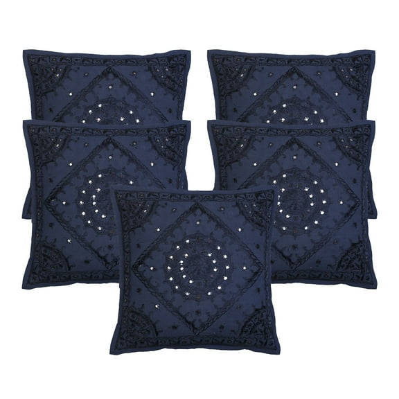 Stylo Culture Indian Settee Sofa Throw Pillow Covers 16 x 16 Hand Embroidered Dark Blue Bohemian 40x40 cm Home Decor Cotton Mirrored Square Cushion Covers | Set Of 5