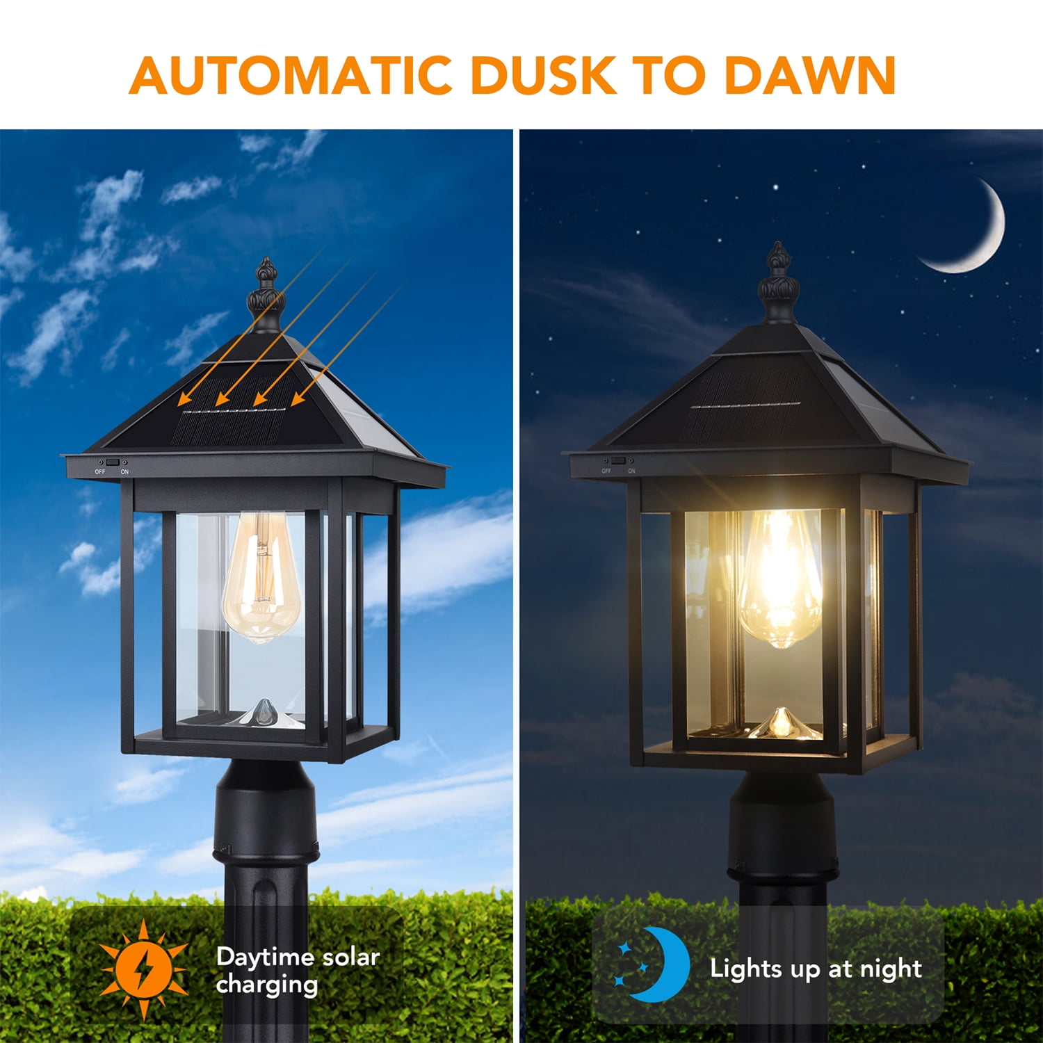 KMC LIGHTING ST4343Q-B Solar Post Lights Outdoor Die-cast Aluminum LED Solar Lamp Post Light Waterproof LED Pillar Lights with Real Glass for Patio Yard Driveway Garden Porch