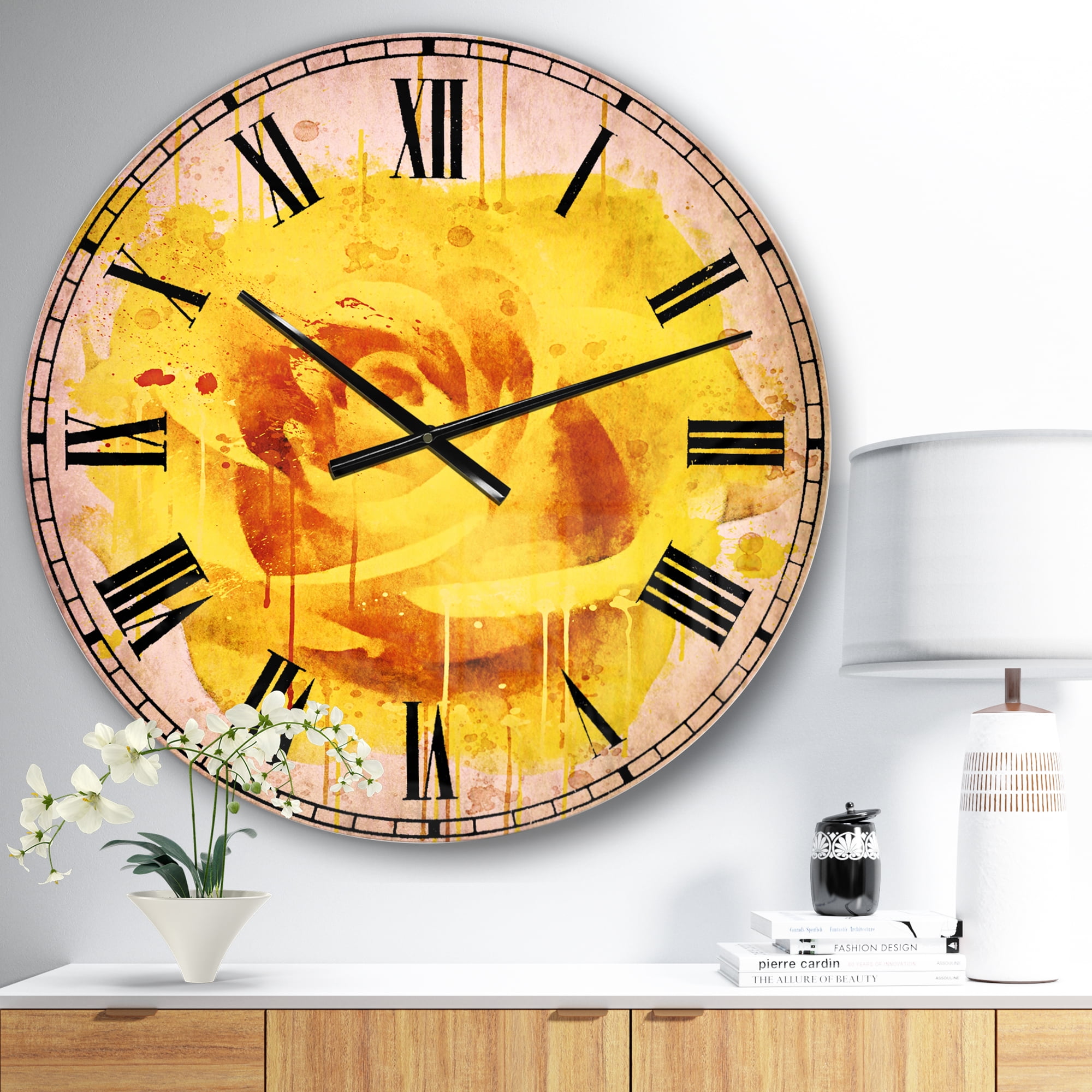 Designart 'Beautiful Rose in Yellow Watercolor' Traditional wall clock