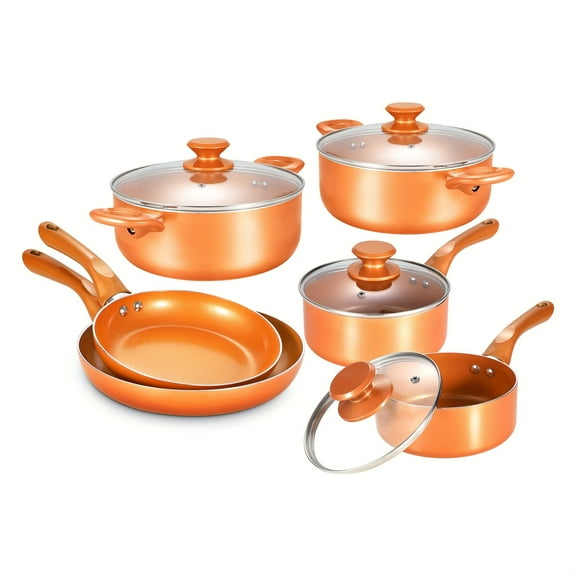 10pcs Non Stick Pots and Pans Set | Aluminum Ceramic Cookware with Lids, Induction Compatible, Non-toxic, Dishwasher Safe, Copper End