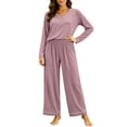 thumbnail image 5 of Women's V-Neck Loungewear Two Piece Set Loose Long Sleeve Top and Straight Leg Full Length Pants Soft Breathable Casual Pajama Set Purple, 5 of 7