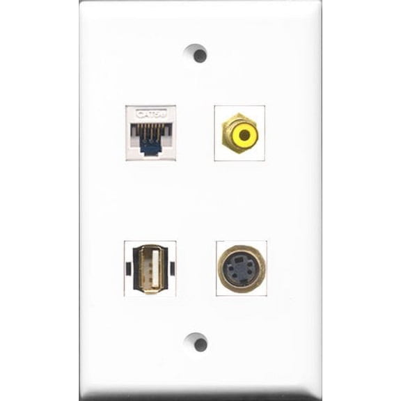 RiteAV 1 Port RCA Yellow and 1 Port USB A-A and 1 Port S-Video and 1 Port Cat5e Ethernet White Wall Plate