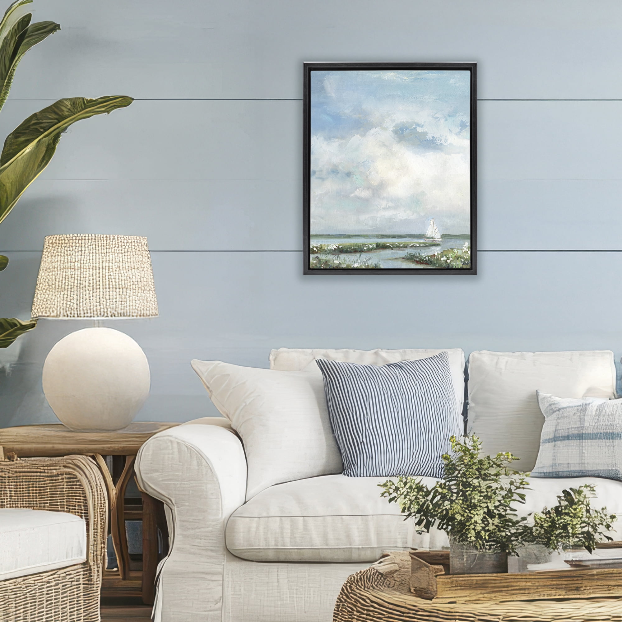 Stupell Industries Sailboat On Summer Marsh Black Framed Floater Canvas Wall Art, design by Sally Swatland