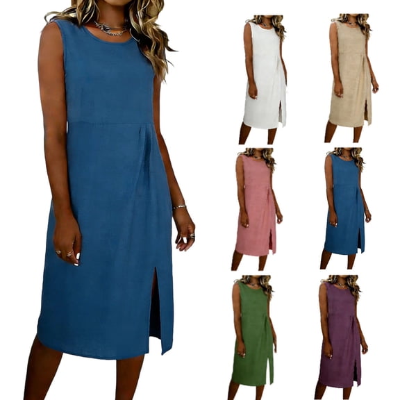 TKYCMSUAKI Linen Dresses for Women Crewneck Sleeveless Tank Dress Split Hem Loose Fit Midi Dress Summer Casual Solid Beach Sundress