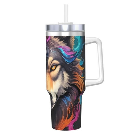 

KLL Colorful Wolf Head Print 40oz Stainless Steel Insulated Car Cup Coffee Mug with Spillproof Lid - Keep Your Drink Hot or Cold on the Go