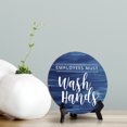 thumbnail image 2 of Round Employees Must Wash Hands, Washed Blue Wood Color Bathroom Table Sign with Acrylic Easel (5 x 5"), 2 of 3