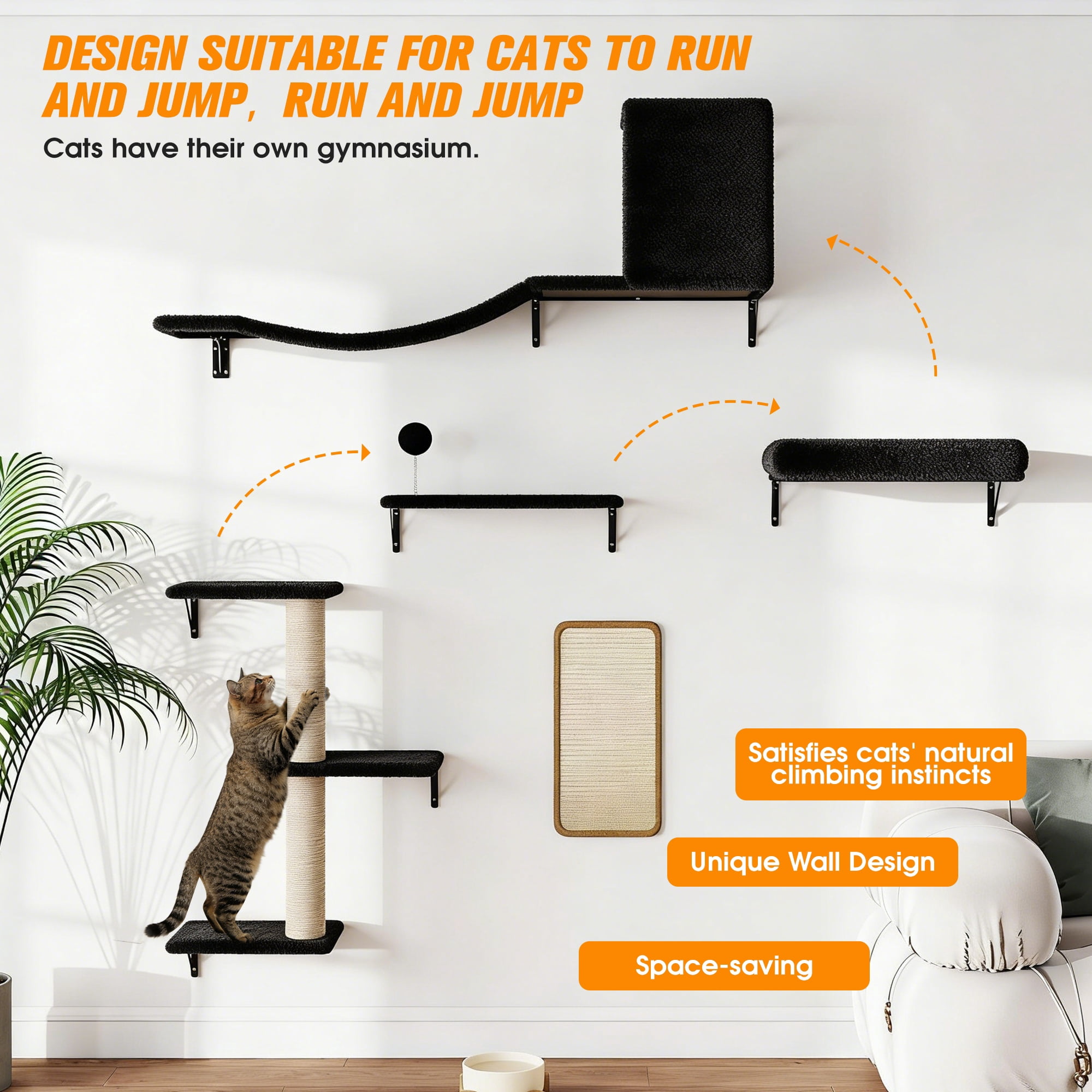 COZIWOW Wall Mounted Cat Furniture, Cat Wall Shelves and Perches, Floating Cat Shelves for Wall Set of 5, BBlack