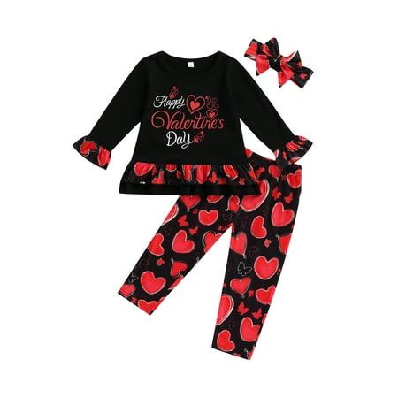 

Suanret Valentine s Day Kids Girl Clothes Set Letter Ruffle Flare Long Sleeve T-shirt+Hearts Print Pants+Headband Black 2-3 Years