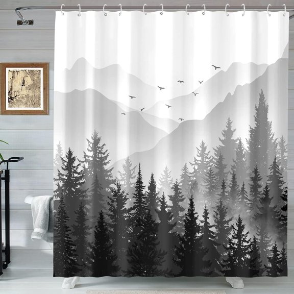 Moutain Shower Curtain Forest Bathroom Shower Curtain Set Waterproof Fabric Bathroom Set with 12 Hook (72.00" x 72.00", Black)
