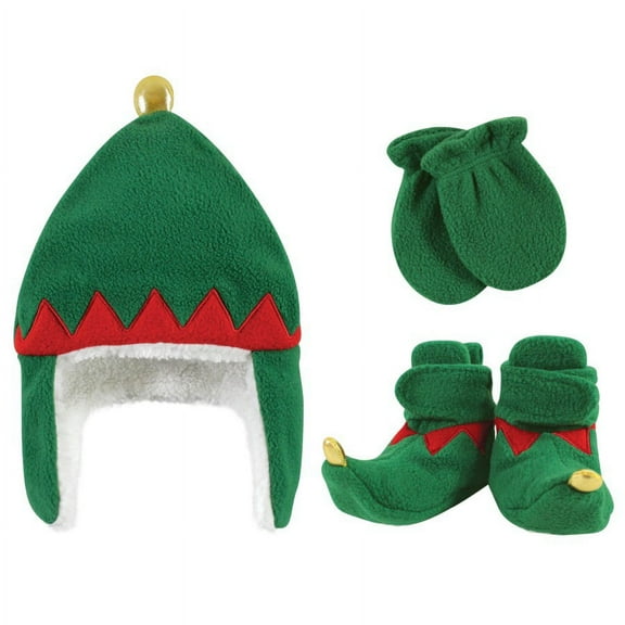 Hudson Baby Unisex Baby Trapper Hat, Mitten and Bootie Set, Green Elf, 0-6 Months