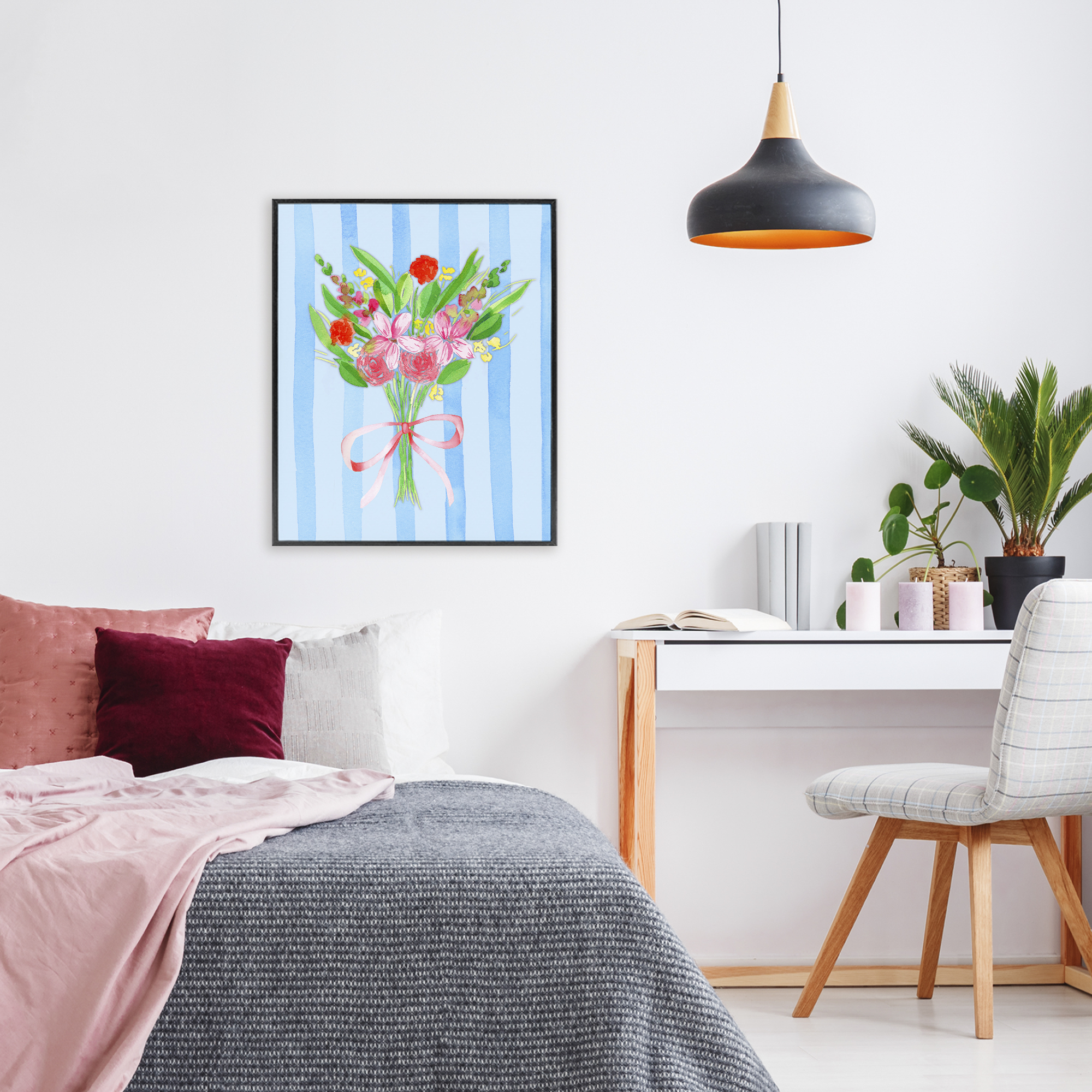 Bright Springy Bouquet Stripes Black Framed Giclee Art, design by Nina Jacobs