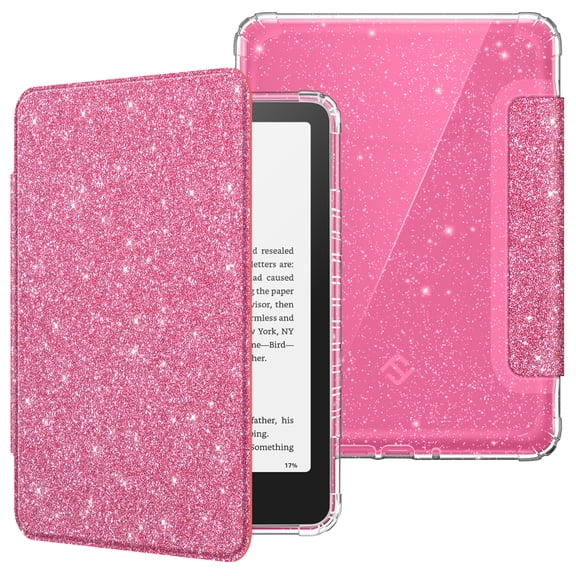 Fintie Clear TPU Case for 7" Kindle Paperwhite (12th Gen, 2024) & Kindle Colorsoft – Slim Transparent Back Cover with Auto Wake/Sleep, Raspberry Glitter
