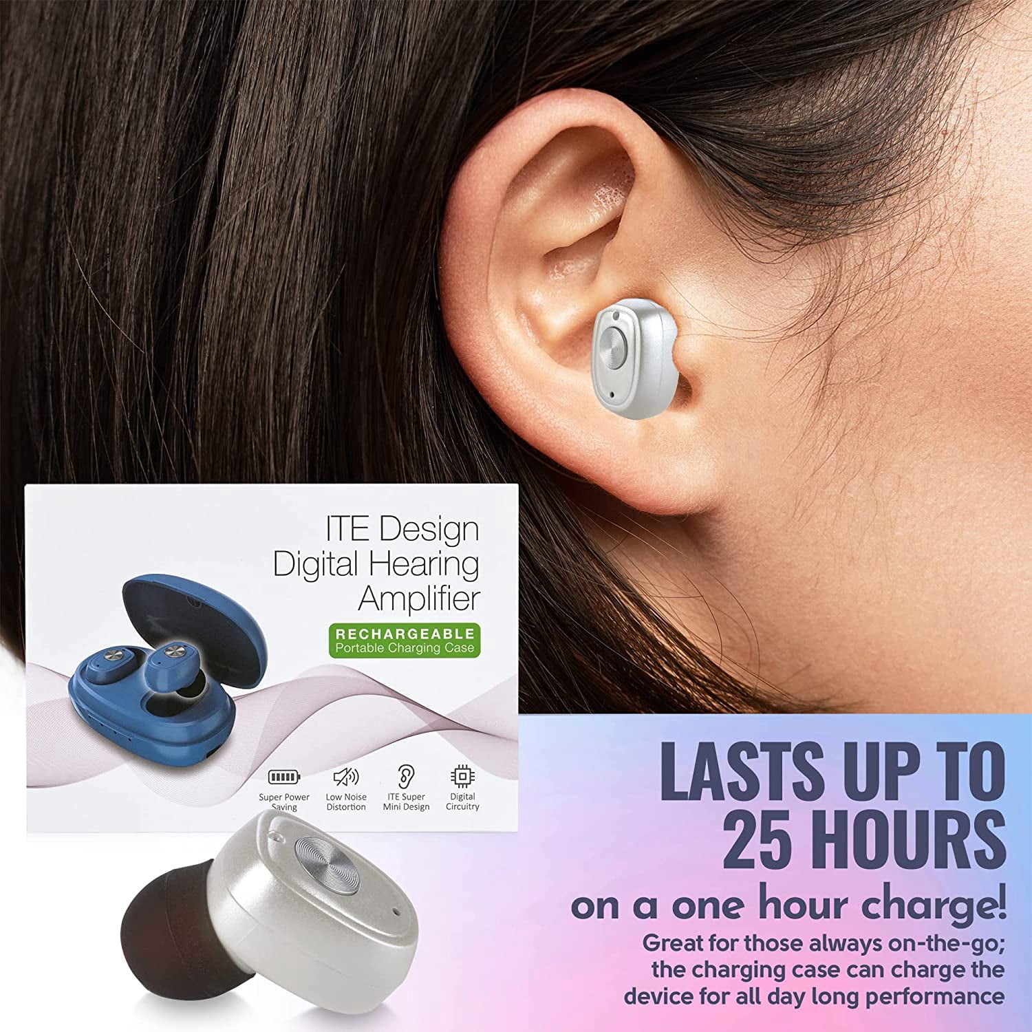 MEDca Rechargeable Hearing Amplifier Pair W/ Noise Cancelling, for Seniors & Adults - White