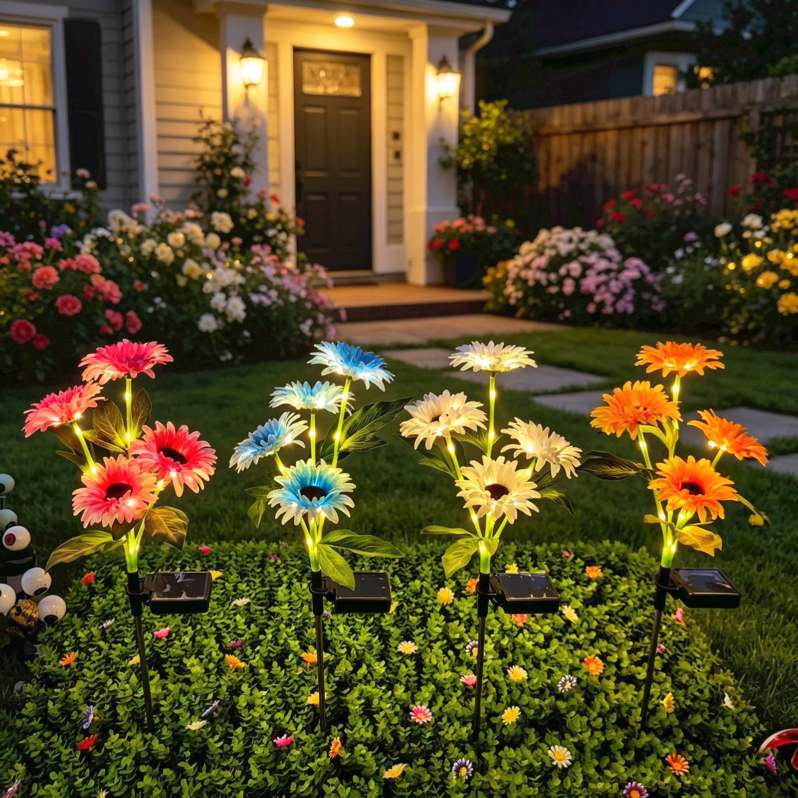 Solar Powered Garden Lights, Chrysanthemum Decoration for Yard Pathway Patio, Waterproof LED No Wiring Hassle-Free Yellow