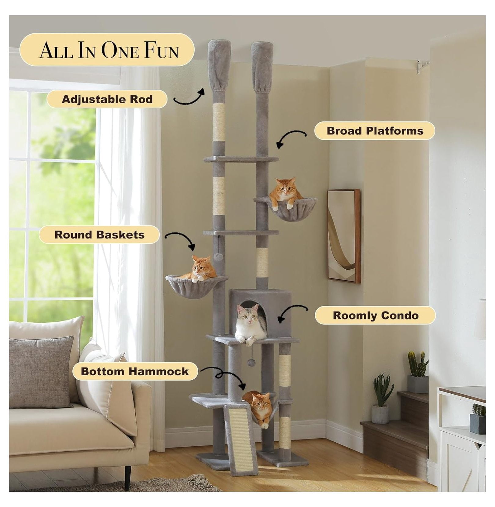 Cat Tree Floor to Ceiling, Adjustable Cat Tower 85-112 Inches, 7 Tier Cat Climbing Tower with Hammocks & Scratching Posts for Indoor Cats - Gray