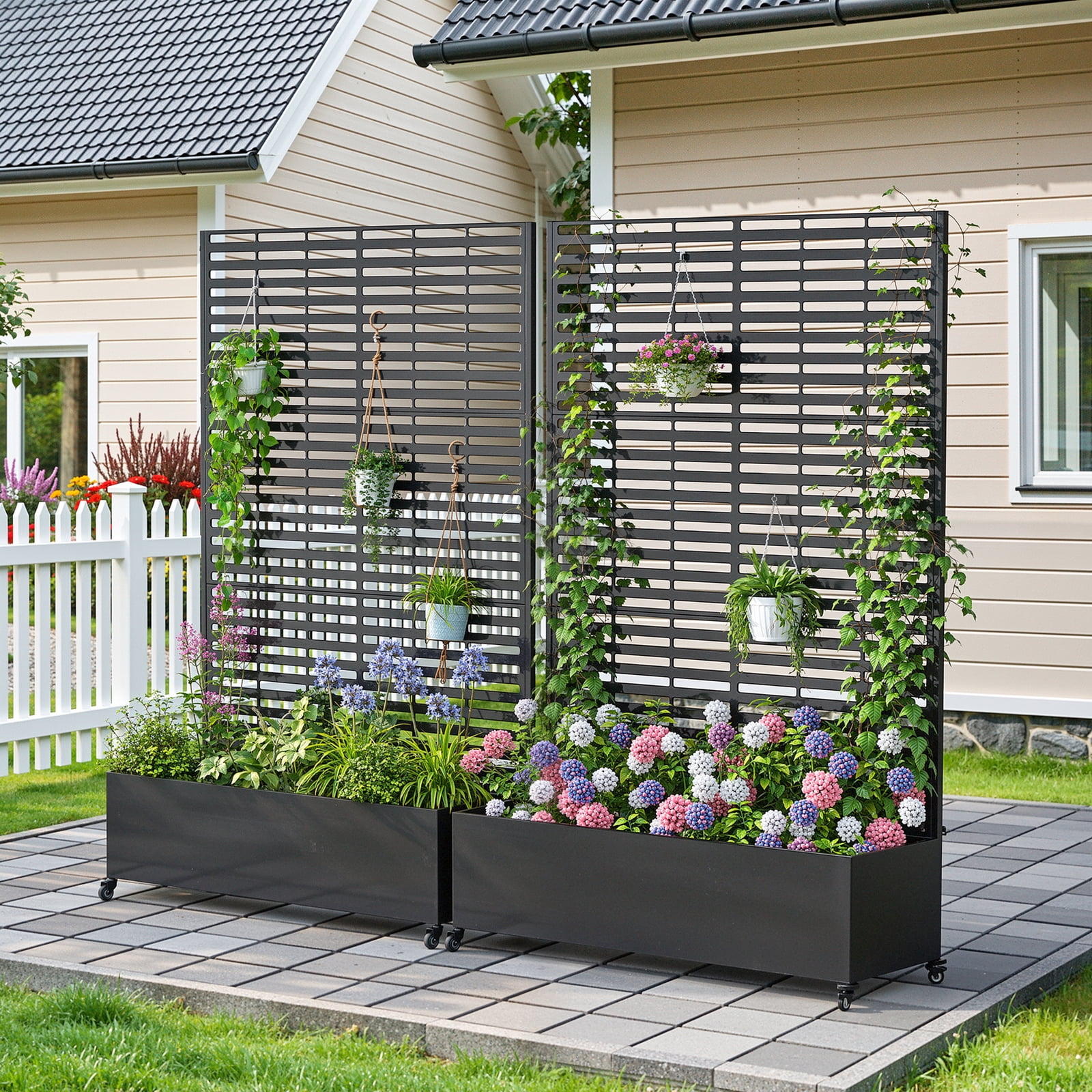 Dovov Raised Garden Bed with Trellis, Outdoor Metal Planter with Drainage Hole, Rolling Trellis Planter Box for Climbing Plants, 47"W x 73"H, Black
