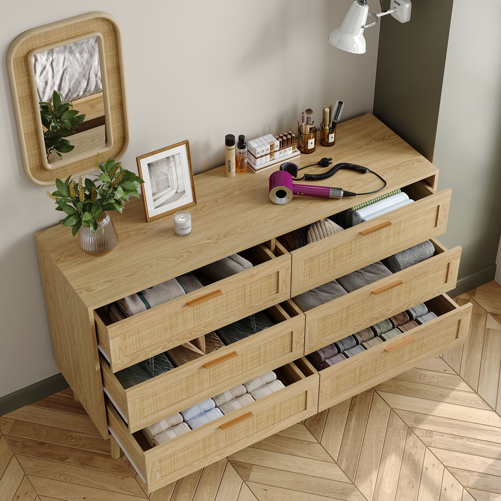 Furnihold Rattan Dresser for Bedroom 47.3''W 6 Drawer Dresser Modern Dressers & Chests Wood Natural Dresser Beside Table for Living Room, Hallway