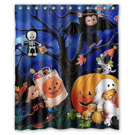 HelloDecor Halloween Ghost and Pumpkin Background Shower Curtain Polyester Fabric Bathroom Decorative Curtain Size 60x72 Inches