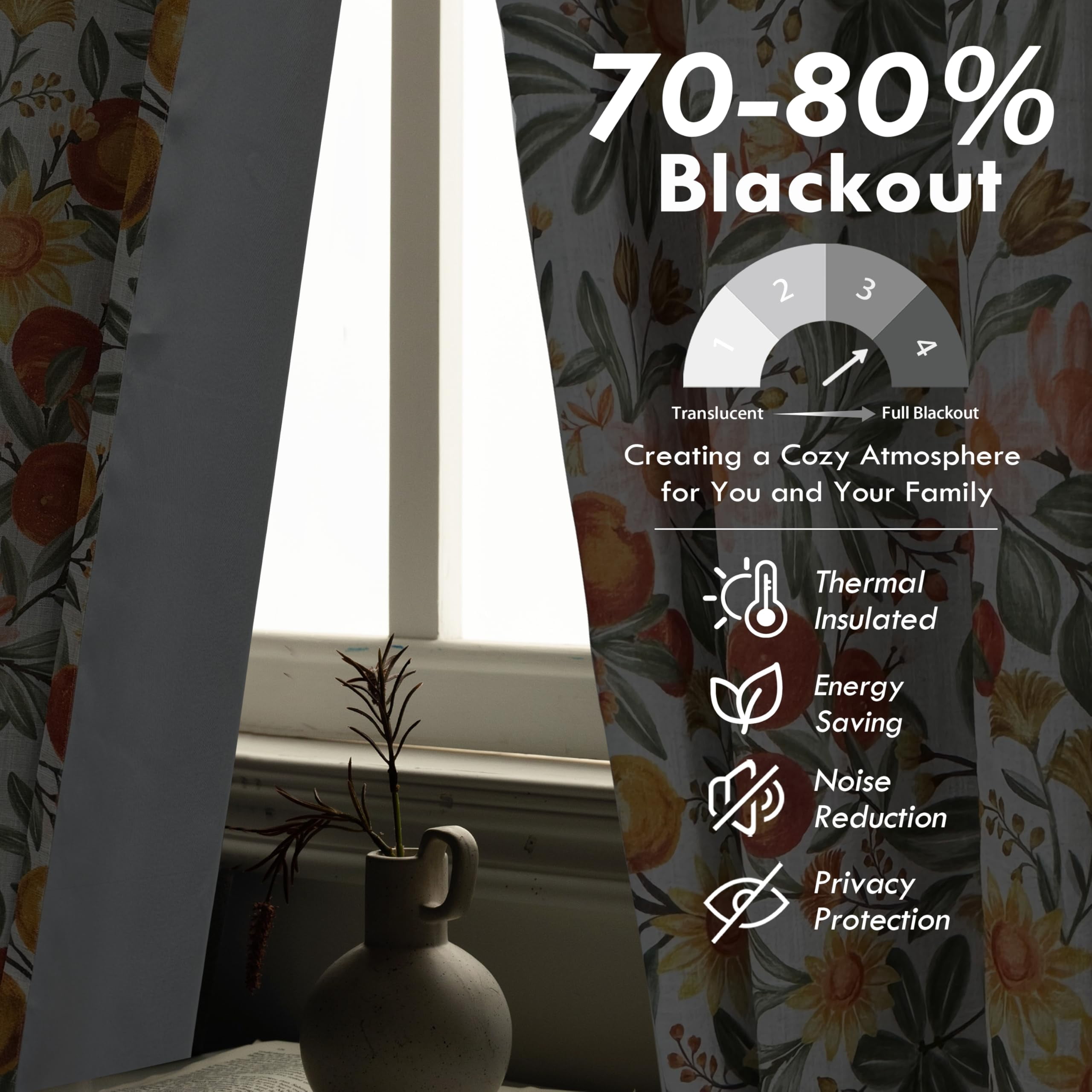 DriftAway Orange Harvest Floral Linen Blackout Curtains Double Layer Thermal Insulated Autumn Fall Printed Patterned Vintage Grommet Lined Drapes for Living Room 2 Panels 63 Inches Orange Coral Gold