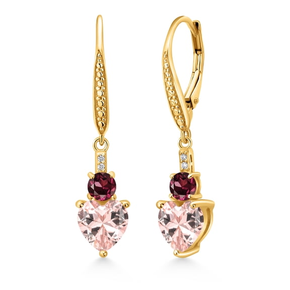 Gem Stone King 18K Yellow Gold Plated Silver Peach Nano Morganite Red Rhodolite Garnet and White Lab Grown Diamond Drop Dangle Earrings for Women (3.27 Cttw, Heart Shape 7MM, Round 4MM)