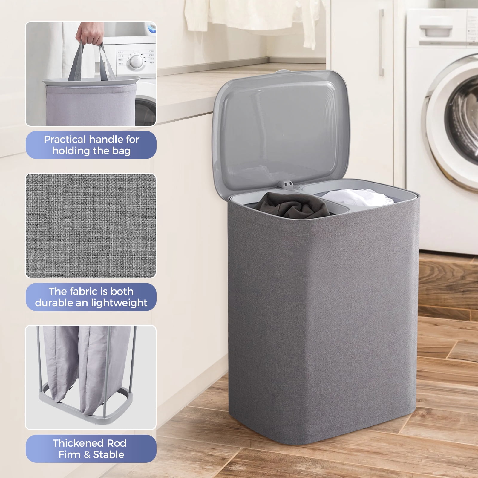 2-Section Laundry Hamper with Lid & Removable Bags, Foldable Clothes Sorter Organizer for Bedroom/Bathroom, 600D Oxford Fabric Storage Bin Portable Clothes Organizer for Home, Dorm, Apartment