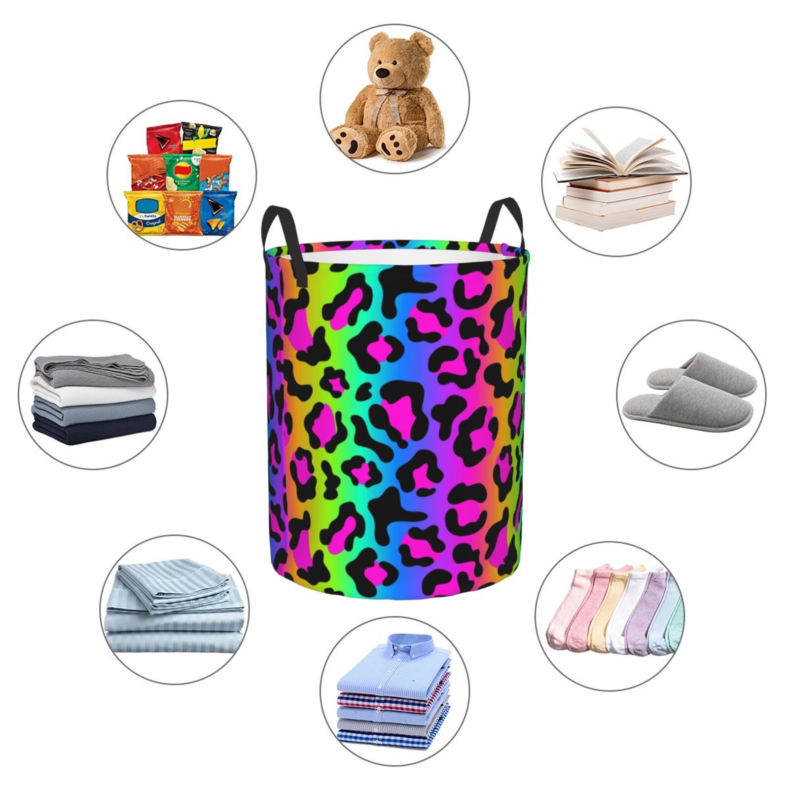 Large Laundry Basket with Handles - Rainbow leopard bright Kids Baby Dirty Clothes Laundry Hamper for Bedroom Aesthetic