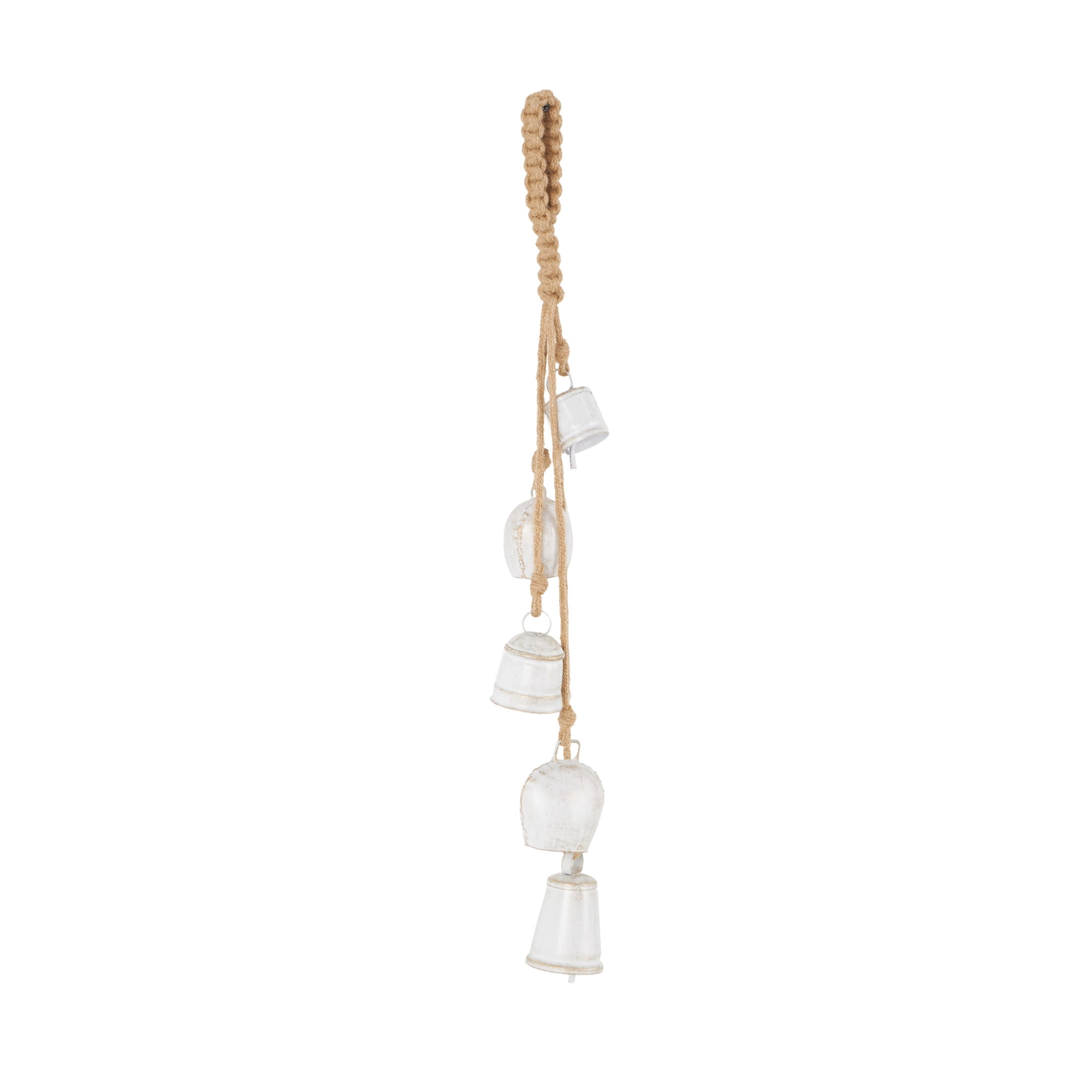 DecMode Tibetan Inspired Cascading White Metal Various Shapes Decorative Bells with 5 Bells on Jute Hanging Rope