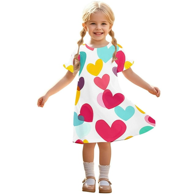 Zpanxa Robes d'Été pour Filles Décontractées à Manches Courtes Col Rond Imprimé Robe en Polyester Spandex Rose Vif 7 Ans