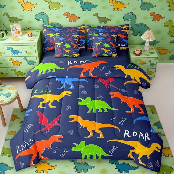 Manfei Cute Dino Animals 7-Piece Twin Bedding,Kawaii Paw Print Bone Bedding Comforter Set,Navy Orange,Navy Blue Reversible