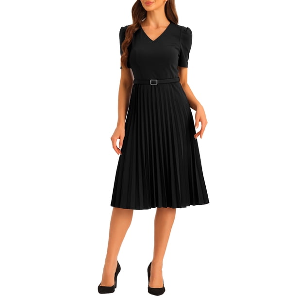 Vestido de trabajo para mujer INSPIRE CHIC con cuello en V, manga corta, por debajo de la rodilla, con cinturón, corte A y plisado, color negro