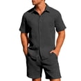 thumbnail image 2 of LEKWK 2 Piece Set for Men Loose Fit Solid Textured Beach Vacation Summer Outfits Button Down Short Sleeve Collared Tops and Elastic Waist Shorts, 2 of 5