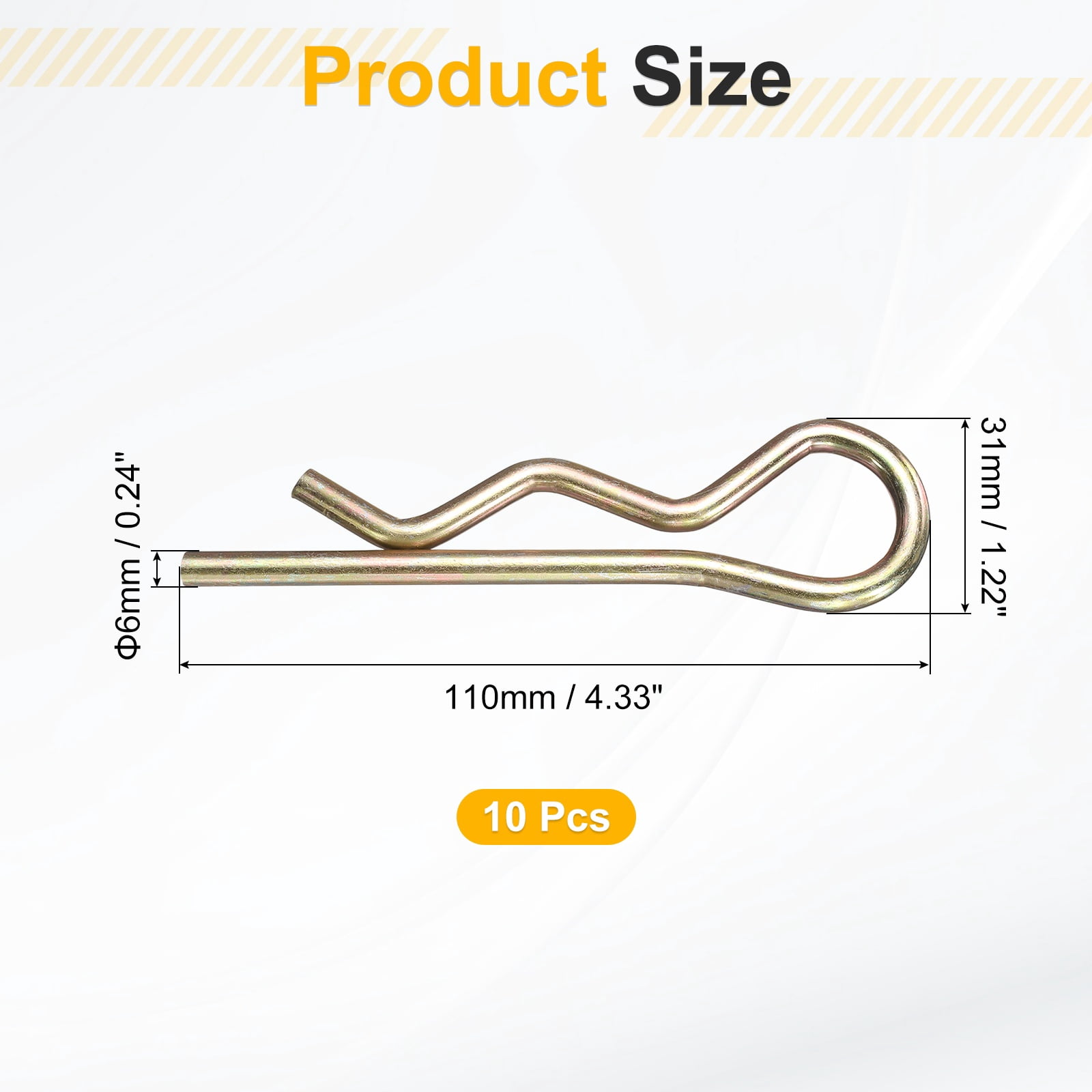 10Pack Hitch Pin Clip, 6x110mm Zinc-Plated Spring Steel Retaining R Clip, Gold