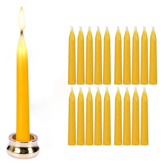 20 Minute Pure Beeswax Candles, Dripless Meditation Candles, Mini Taper Candles, Set of 20 with Brass Candle Holders.