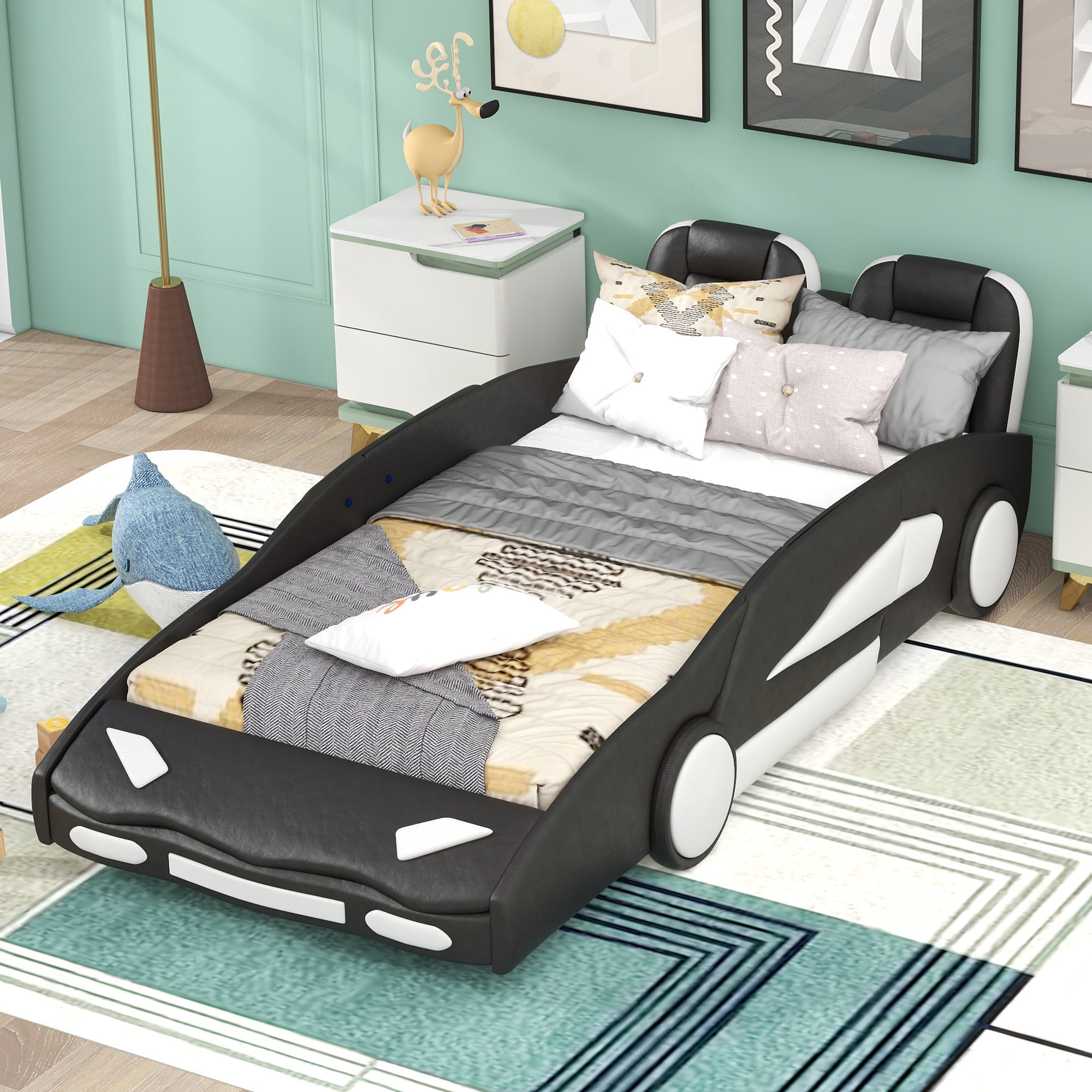 Euroco Modern Wood Race Car-Shaped Twin Platform Bed for Kids Teens Bedroom, Upholstery PU Leather Car Bed for Kids Gift, Black