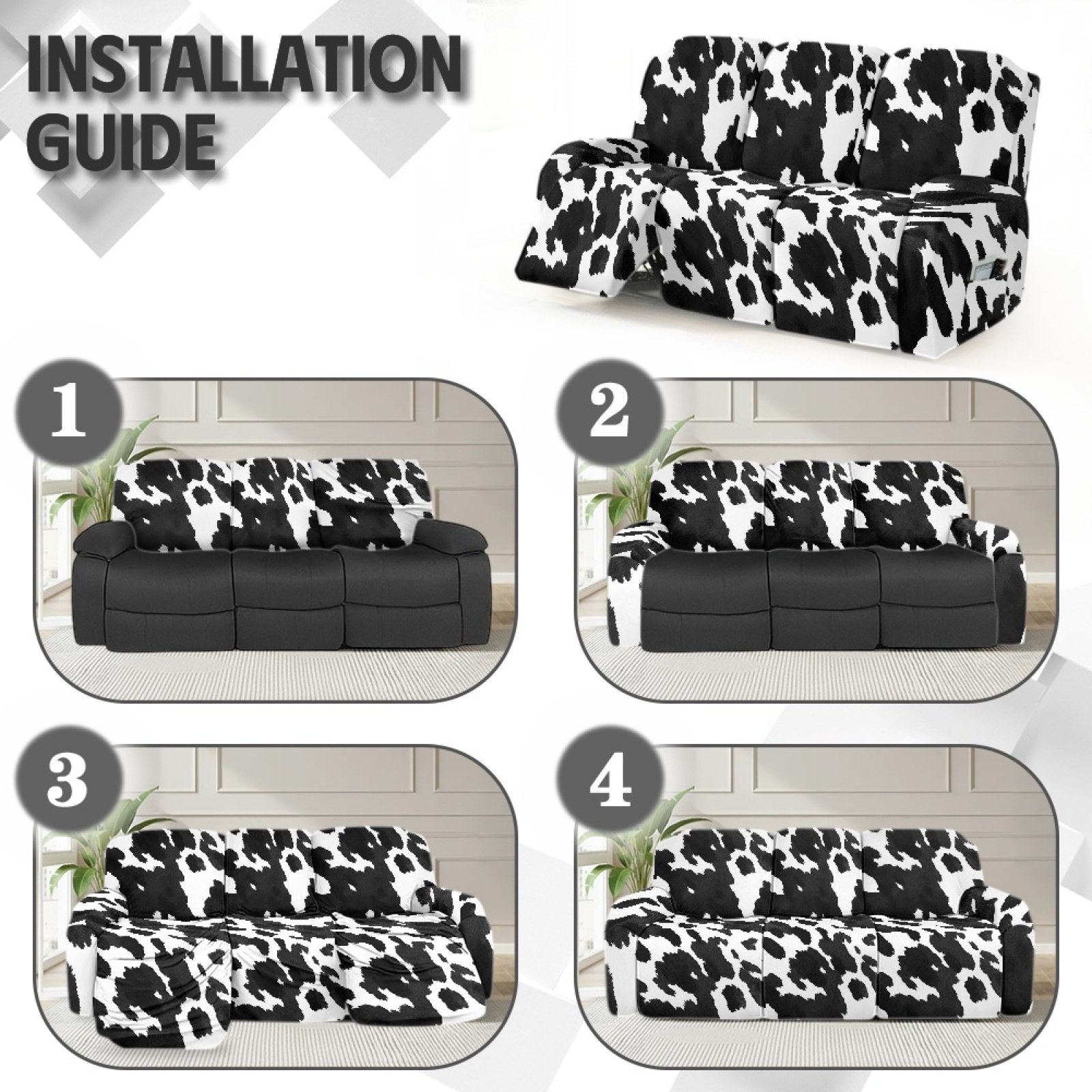 COEQINE Reclining Sofa Cover Universal 3 Seater Stretch Sofa Recliner Cover 8 Pieces Recliner Couch Slipcover Polyester Furniture Protector for Kids, Pets, Black White Cow Print