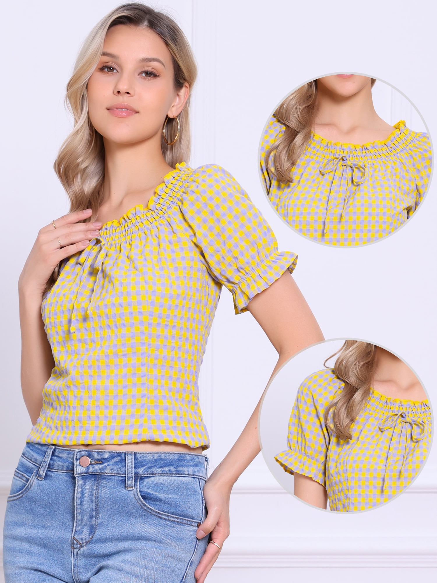DARING DIVA Women's Gingham Plaid Peasant Round Neck Puff Sleeve Tops XL Purple Yellow